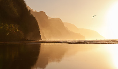 Image showing Misty sunset on Na Pali coastline