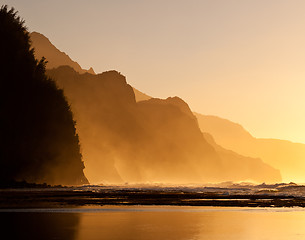 Image showing Misty sunset on Na Pali coastline