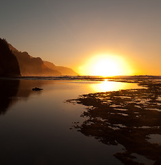 Image showing Misty sunset on Na Pali coastline