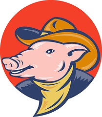 Image showing pig with cowboy hat and bandana set inside a circle done in retro style.