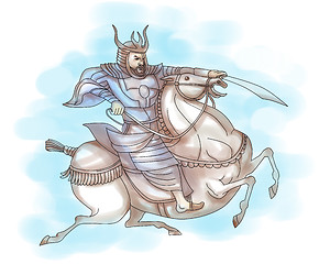 Image showing Samurai warrior with sword riding horse