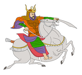 Image showing Samurai warrior with sword riding horse