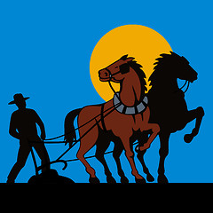 Image showing farmer and horse plowing field