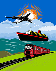 Image showing airplane boat and train