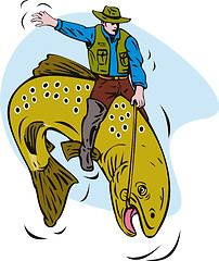 Image showing trout fish jumping fisherman riding