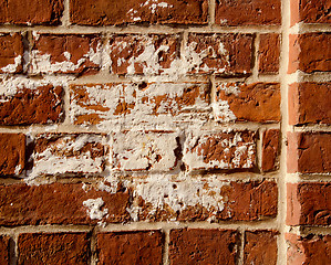 Image showing Vintage dirty red brick wall background closeup 