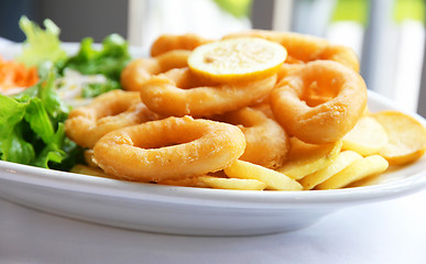 Image showing Deep batter fried squid rings calamari with green salad 
