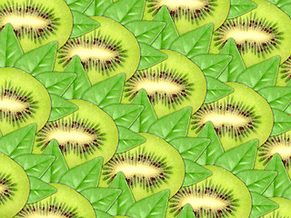 Image showing Background of fresh kiwi slices and green leaf