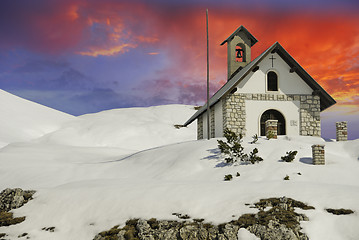 Image showing Sky Colors over a Small Church on Dolomites