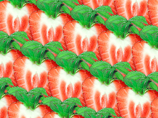 Image showing Background of strawberry slices and green leaf