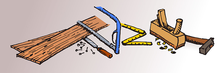 Image showing Carpenter tools and wood