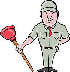 Image showing plumber with plunger standing front  done in cartoon style on isolated background