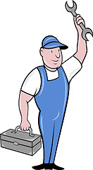 Image showing mechanic with spanner wrench and toolbox standing