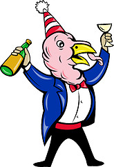 Image showing cartoon turkey in tie and suit holding wine bottle