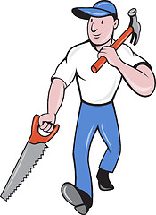 Image showing carpenter tradesman worker with hammer and saw