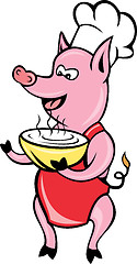 Image showing Cartoon Happy Pig chef cook baker serving soup bowl