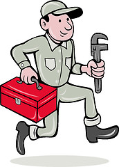 Image showing plumber with monkey wrench and toolbox walking