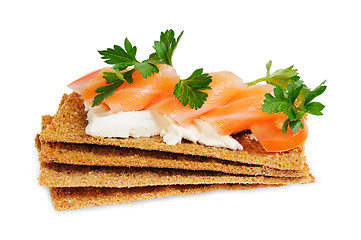 Image showing Snack. Bread with feta cheese and salmon.