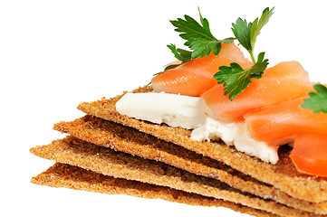 Image showing Snack. Bread with feta cheese and salmon.