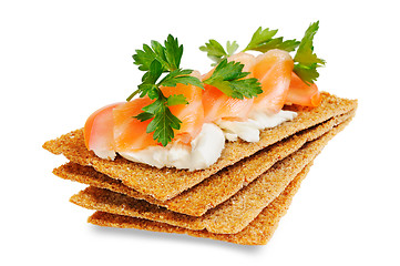 Image showing Snack. Bread with feta cheese and salmon.