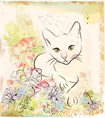 Image showing abstract background with cat an flowers