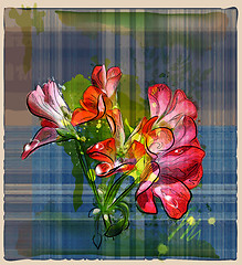 Image showing hand painted red geranium flowers on the checked background