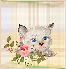 Image showing fluffy kitten  with rose