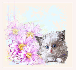 Image showing birthday card with  little fluffy kitten and gerberas