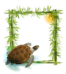 Image showing tropical  background with bamboo, sun and sea turtle