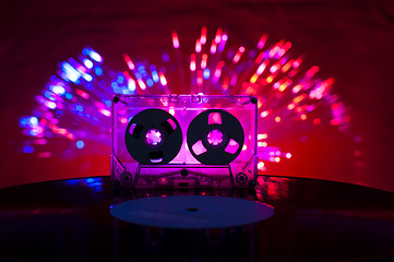 Image showing LP vinyl record, cassette tape and disco lights