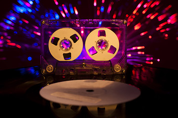 Image showing LP vinyl record, cassette tape and disco lights