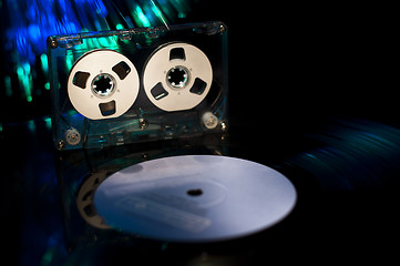 Image showing LP vinyl record, cassette tape and disco lights