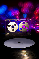 Image showing LP vinyl record, cassette tape and disco lights