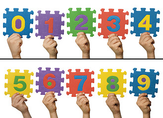 Image showing Children hands holding numbers. White isolated multicolor number