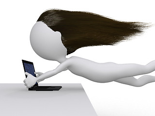 Image showing High speed internet concept, woman flying holding her laptop