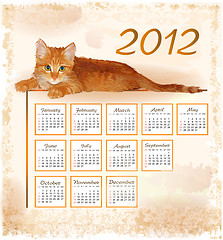 Image showing hand drawn calendar 2012 with lying ginger kitten 
