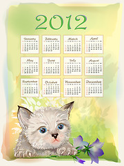 Image showing Childish calendar 2012.  Little fluffy kitten playing with bluebell. Watercolor style.