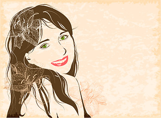 Image showing grunge line art portrait of flirting young girl with flowers