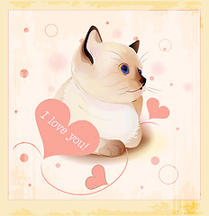 Image showing Valentines day greeting card with kitten little siamese  and hearts