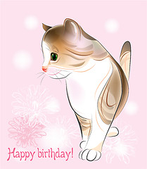 Image showing Happy birthday greeting card  with  little  kitten on the pink background.  Watercolor style.