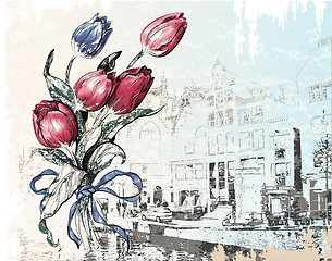 Image showing vintage illustration of Amsterdam street and tulips. Watercolor style.