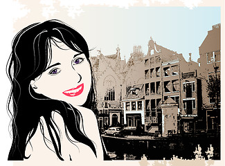 Image showing fashion girl in sketch style on a city-background