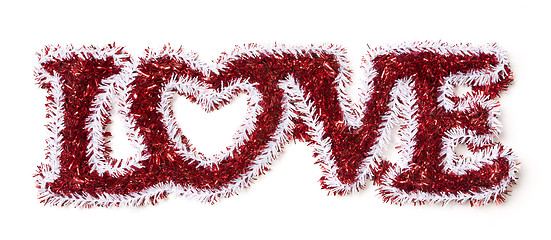 Image showing The Word Love Shaped White and Red Tinsel