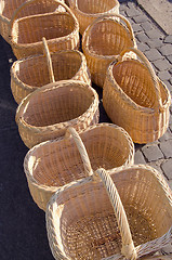 Image showing Wicker wooden handmade bag sold street market fair 