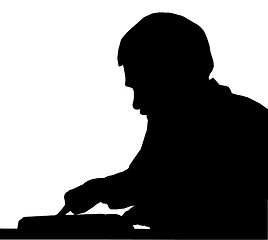 Image showing Silhouette of man holding place with finger in book