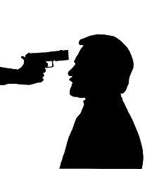 Image showing Silhouette of Man with gun against head 
