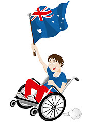 Image showing Australia Sport Fan Supporter on Wheelchair with Flag