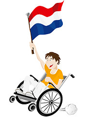 Image showing Dutch Sport Fan Supporter on Wheelchair with Flag