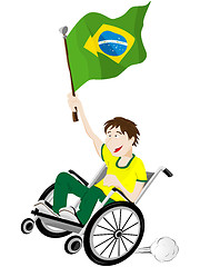 Image showing Brazil Sport Fan Supporter on Wheelchair with Flag