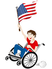 Image showing USA Sport Fan Supporter on Wheelchair with Flag